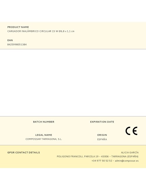 Cargador inalámbrico circular 15 w ø6,8 x 1,1 cm