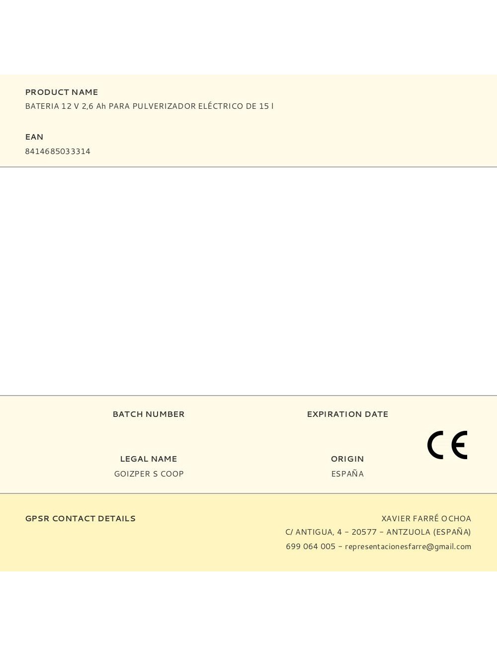 Bateria 12 v 2,6 ah para pulverizador eléctrico de 15 l