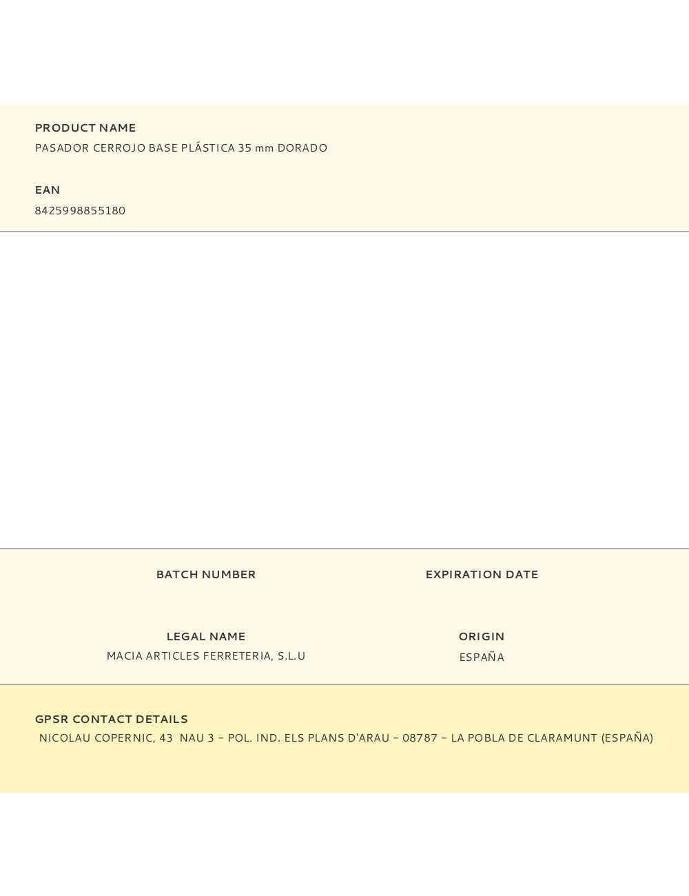 Pasador cerrojo base plástica 35 mm dorado