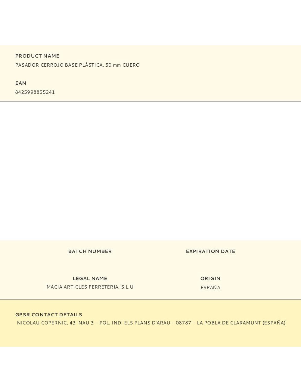 Pasador cerrojo base plástica. 50 mm cuero