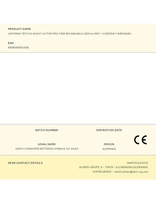 Linterna táctica night cutter pro f20r recargable 1000 lm ip67 + cordón y riñonera