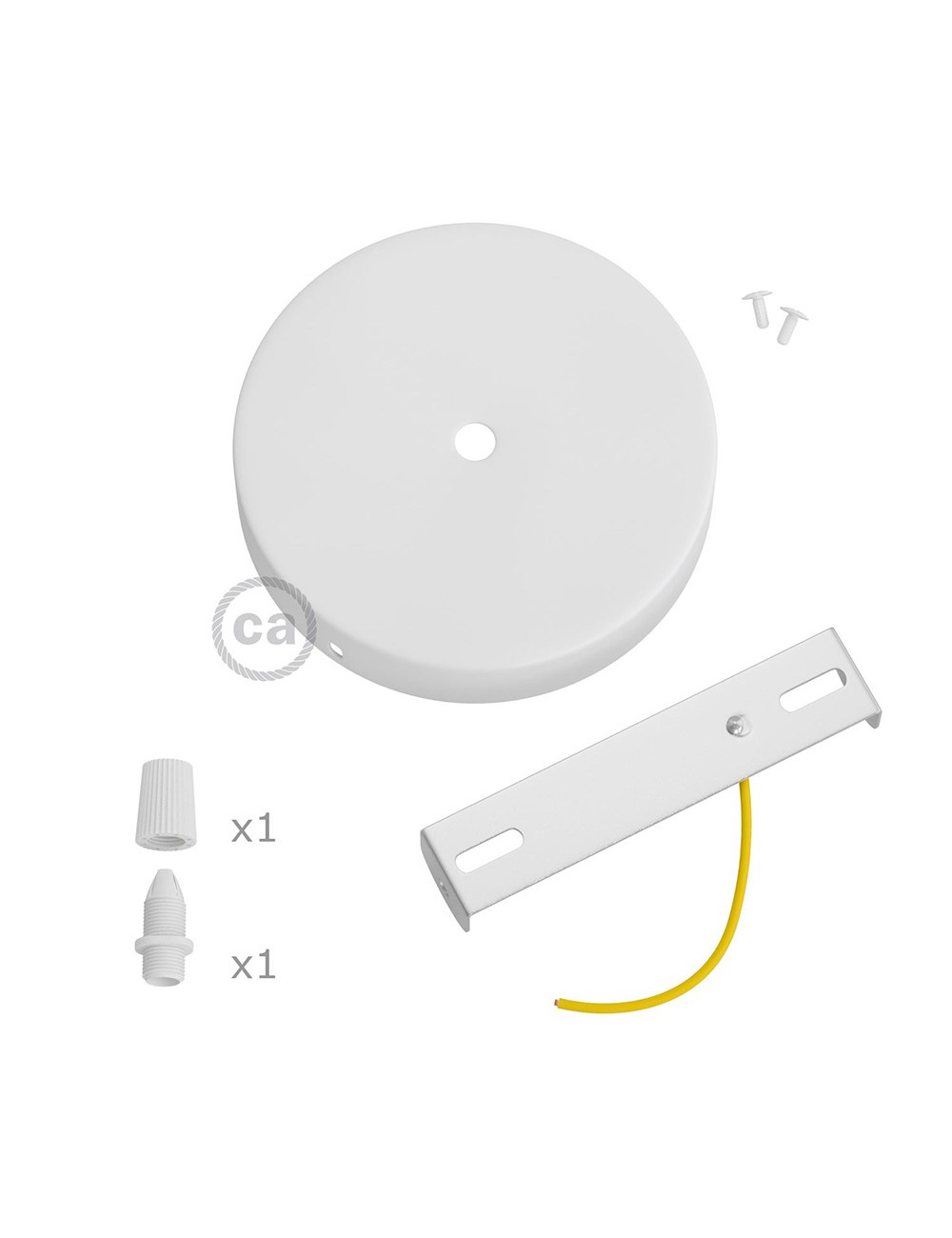 Kit florón metal ø120 x 25 mm, agujero central de 10 mm, con prensaestopa plástico, blanco mate