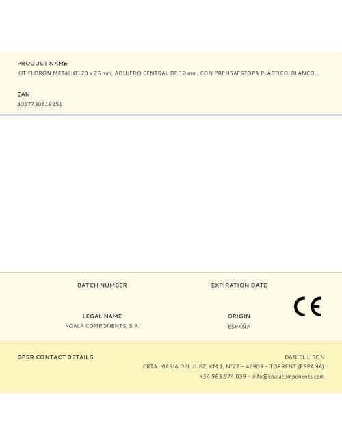 Kit florón metal ø120 x 25 mm, agujero central de 10 mm, con prensaestopa plástico, blanco mate