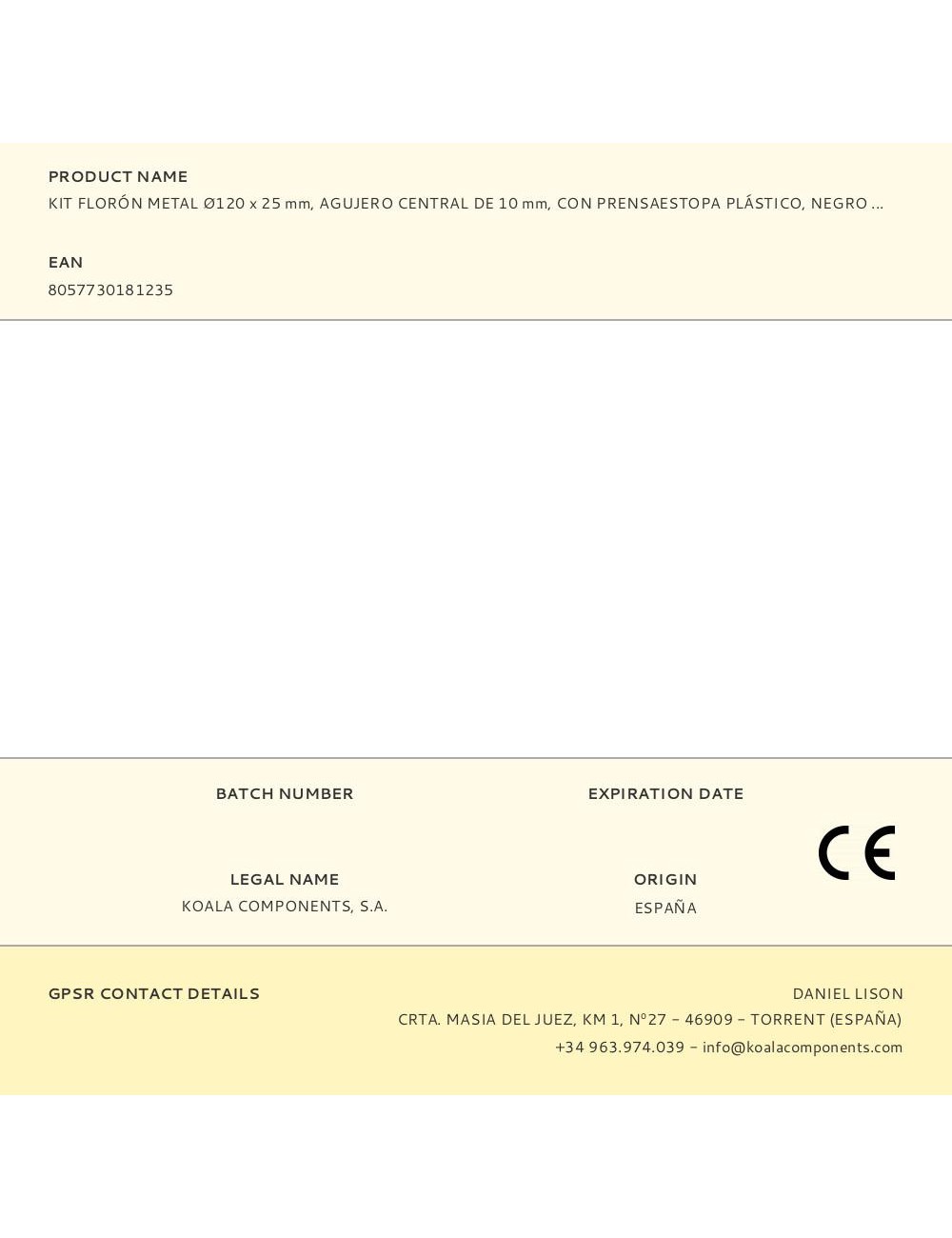 Kit florón metal ø120 x 25 mm, agujero central de 10 mm, con prensaestopa plástico, negro mate