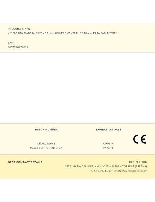 Kit florón madera ø120 x 32 mm, agujero central de 10 mm, para cable téxtil