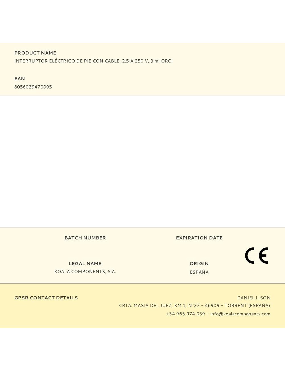 Interruptor eléctrico de pie con cable, 2,5 a 250 v, 3 m, oro