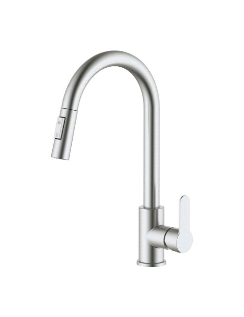 Grifo monomando de cocina caño alto extraíble plateado mate serie miño