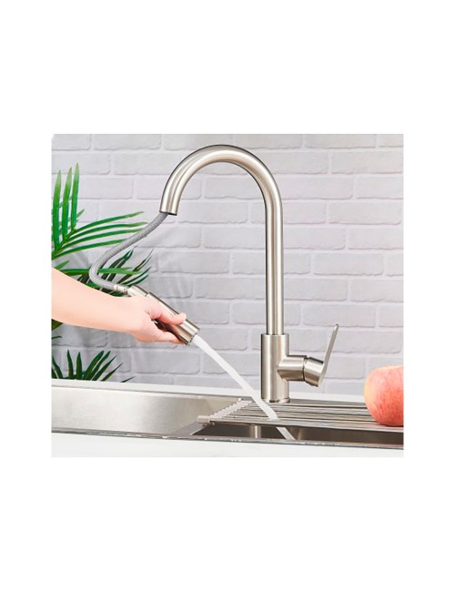 Grifo monomando de cocina caño alto extraíble plateado mate serie miño