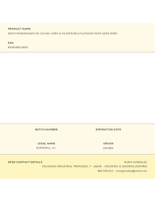 Grifo monomando de cocina caño alto extraíble plateado mate serie miño