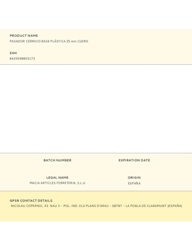 Pasador cerrojo base plástica 35 mm cuero