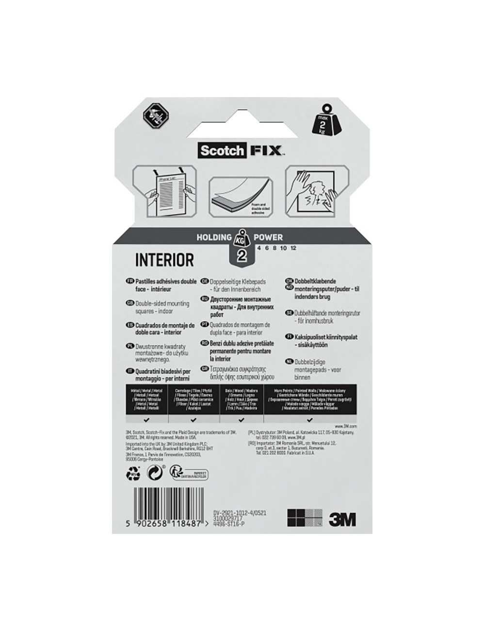 Cuadrados adhesivos doble cara, para interiores, 25mmx25mm, 16 uds, máx 2 kg