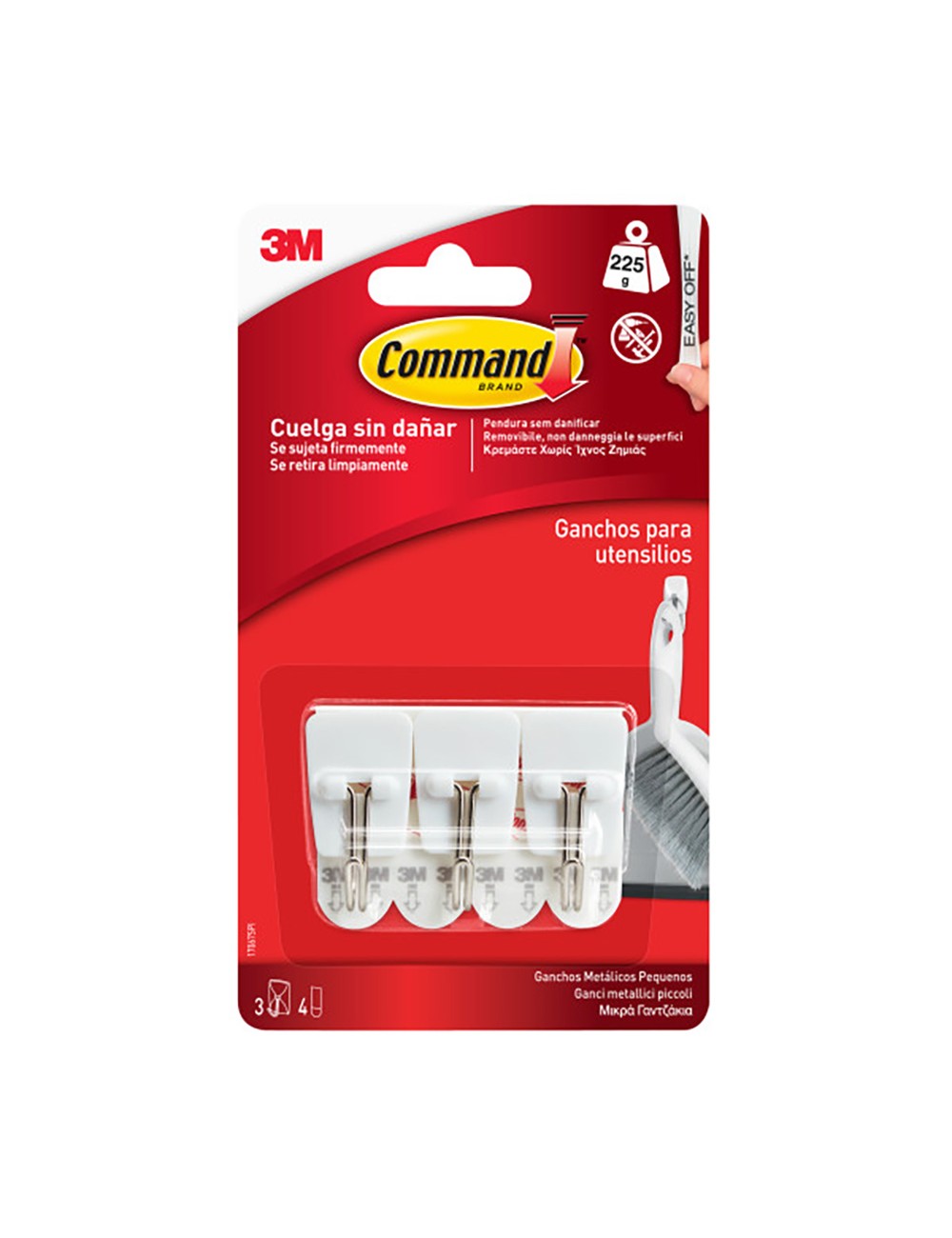 Gancho punta de alambre, pequeño, 19 x 41 x 19 mm, 3 uds + 4 tiras, máx 225 gr