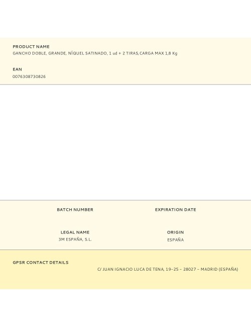 Gancho doble, grande, níquel satinado, 1 ud + 2 tiras,carga max 1,8 kg