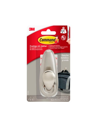 Gancho metálico, grande, níquel pulido, 1 ud + 2 tiras, máx 2,2 kg