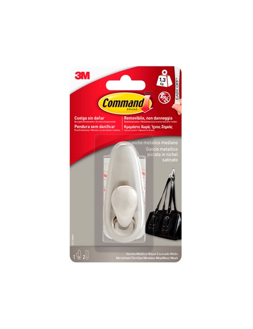 Gancho metálico, mediano, níquel pulido, 1 ud + 2 tiras, máx 1,3 kg