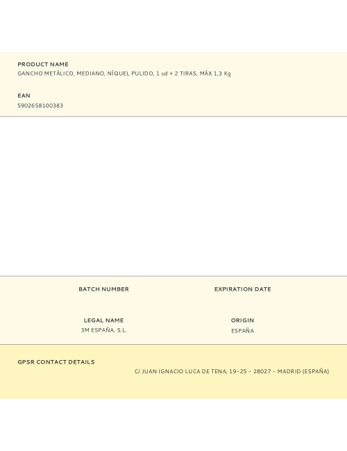 Gancho metálico, mediano, níquel pulido, 1 ud + 2 tiras, máx 1,3 kg