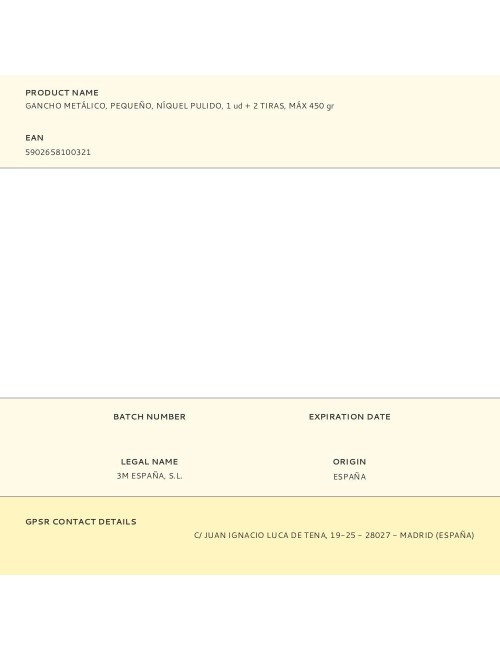 Gancho metálico, pequeño, níquel pulido, 1 ud + 2 tiras, máx 450 gr