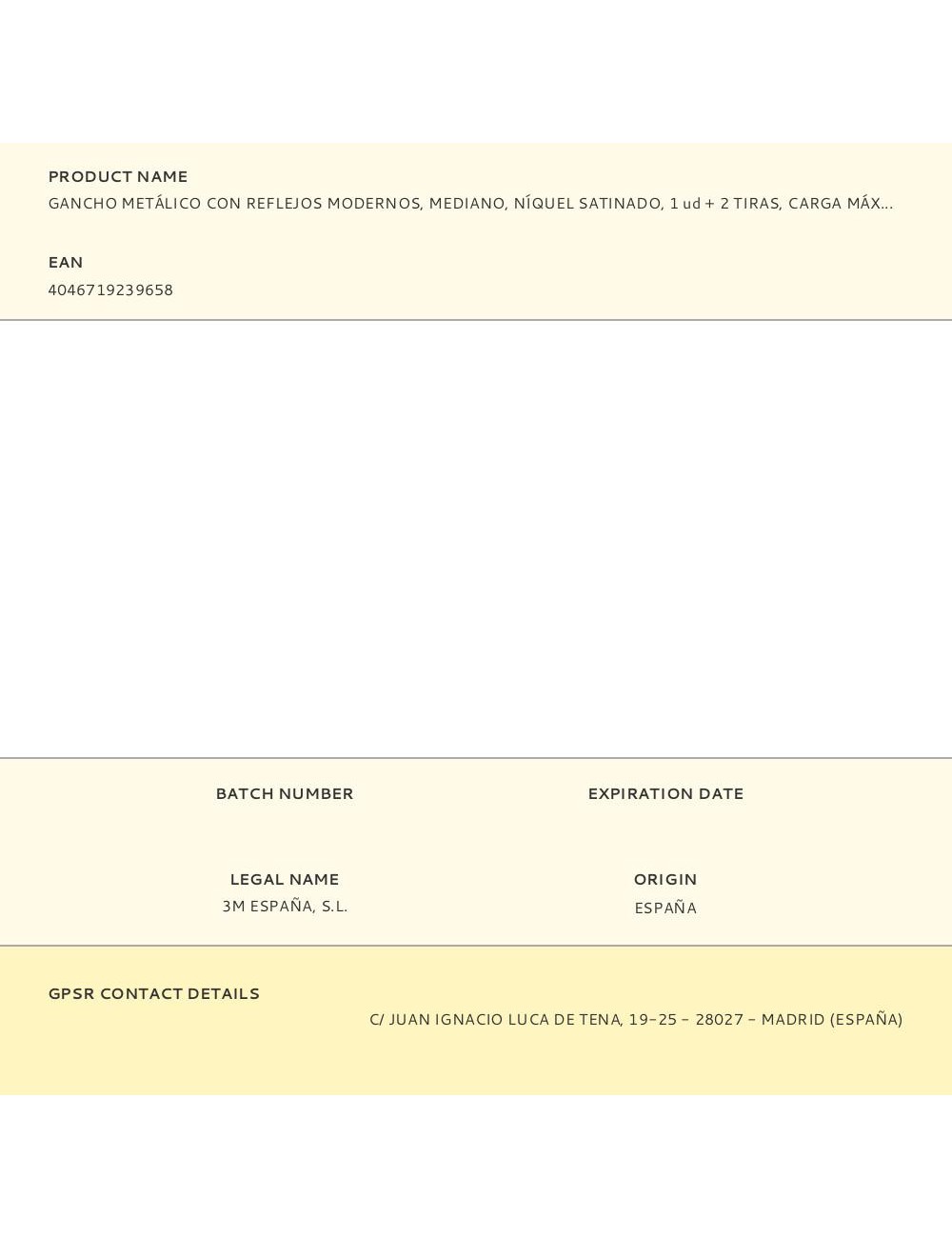 Gancho metálico con reflejos modernos, mediano, níquel satinado, 1 ud + 2 tiras, carga máx 1,3 kg