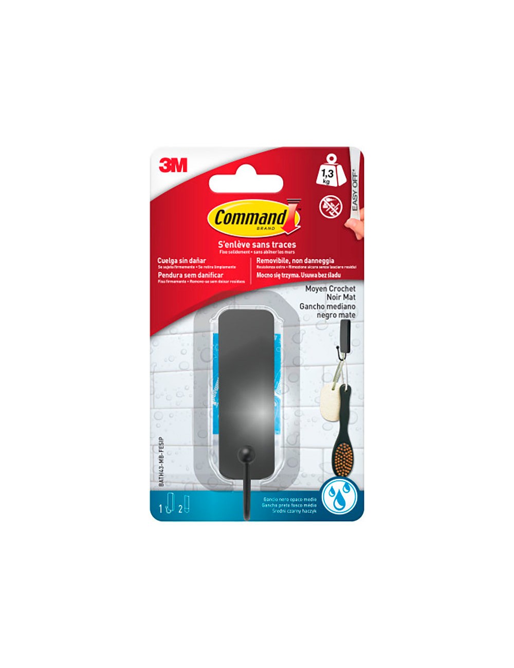 Gancho mediano, negro mate, 25 x 35 x 95 mm, 1 ud + 2 tiras, máx 1,3 kg
