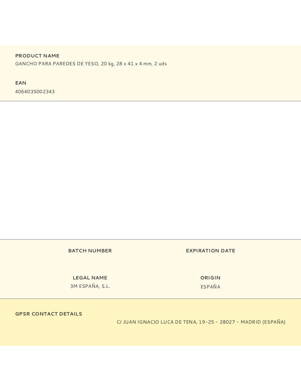 Gancho para paredes de yeso, 20 kg, 28 x 41 x 4 mm, 2 uds