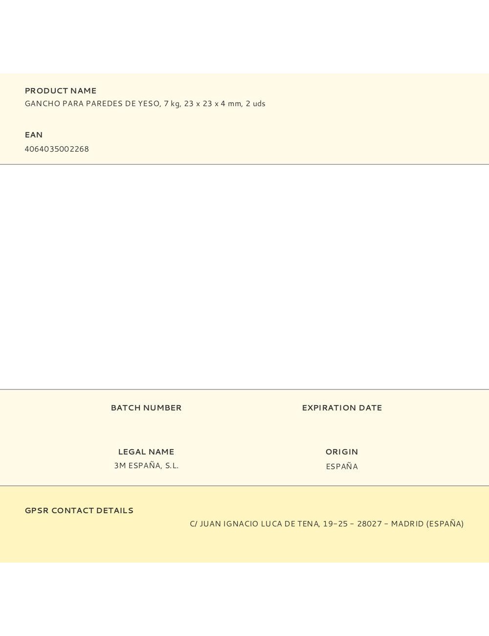 Gancho para paredes de yeso, 7 kg, 23 x 23 x 4 mm, 2 uds