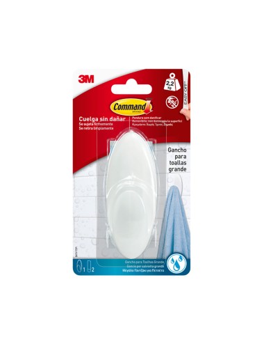 Gancho para toallas, grande, blanco, 1 ud + 2 tiras, máx 2,2 kg