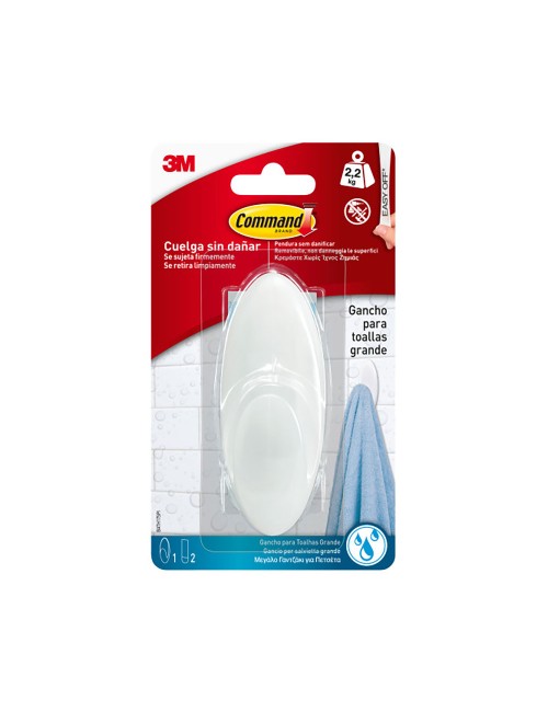 Gancho para toallas, grande, blanco, 1 ud + 2 tiras, máx 2,2 kg