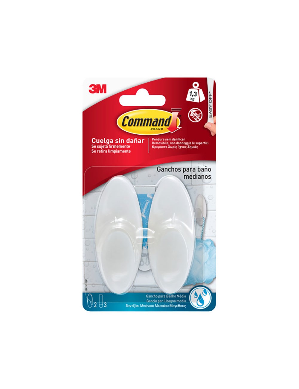 Gancho para baño, mediano, blanco, 35 x 86 x 29, 2 uds + 3 tiras, máx 1,3 kg