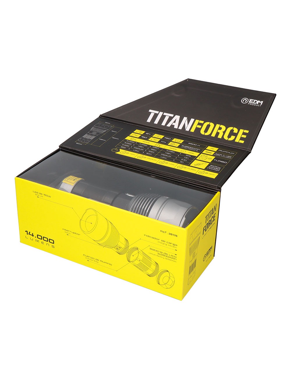 Linterna led táctica titanforce recargable 14.000 lm 6500 k 150 w ip44 + cordón