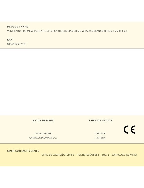 Ventilador de mesa portátil recargable led splash 5,5 w 6500 k blanco ø180 x 85 x 160 mm