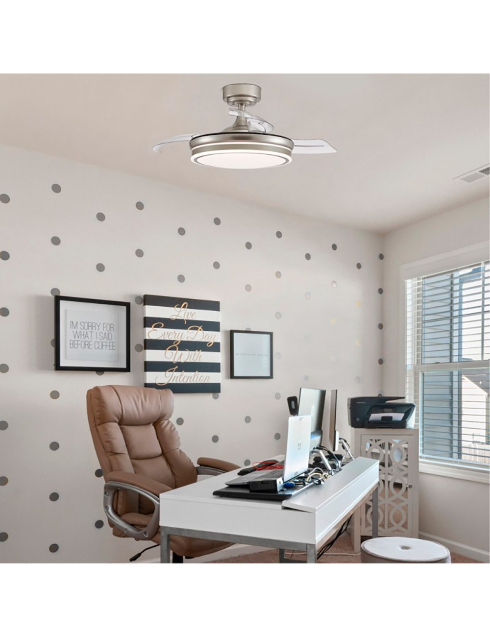 Ventilador de techo led 3cct aspas retráctiles moss 72 w 7920 lm níquel, aspas ø106 cm, plafón ø48,5 cm, altura 32 - 42 cm