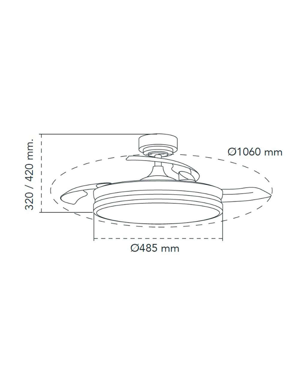 Ventilador de techo led 3cct aspas retráctiles moss 72 w 7920 lm níquel, aspas ø106 cm, plafón ø48,5 cm, altura 32 - 42 cm