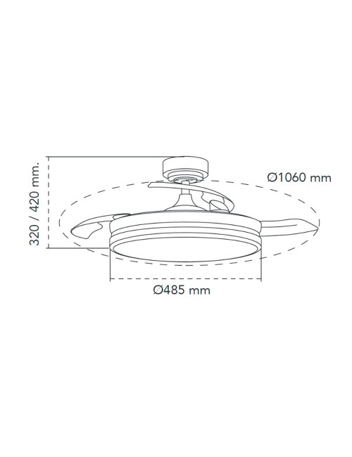 Ventilador de techo led 3cct aspas retráctiles moss 72 w 7920 lm níquel, aspas ø106 cm, plafón ø48,5 cm, altura 32 - 42 cm