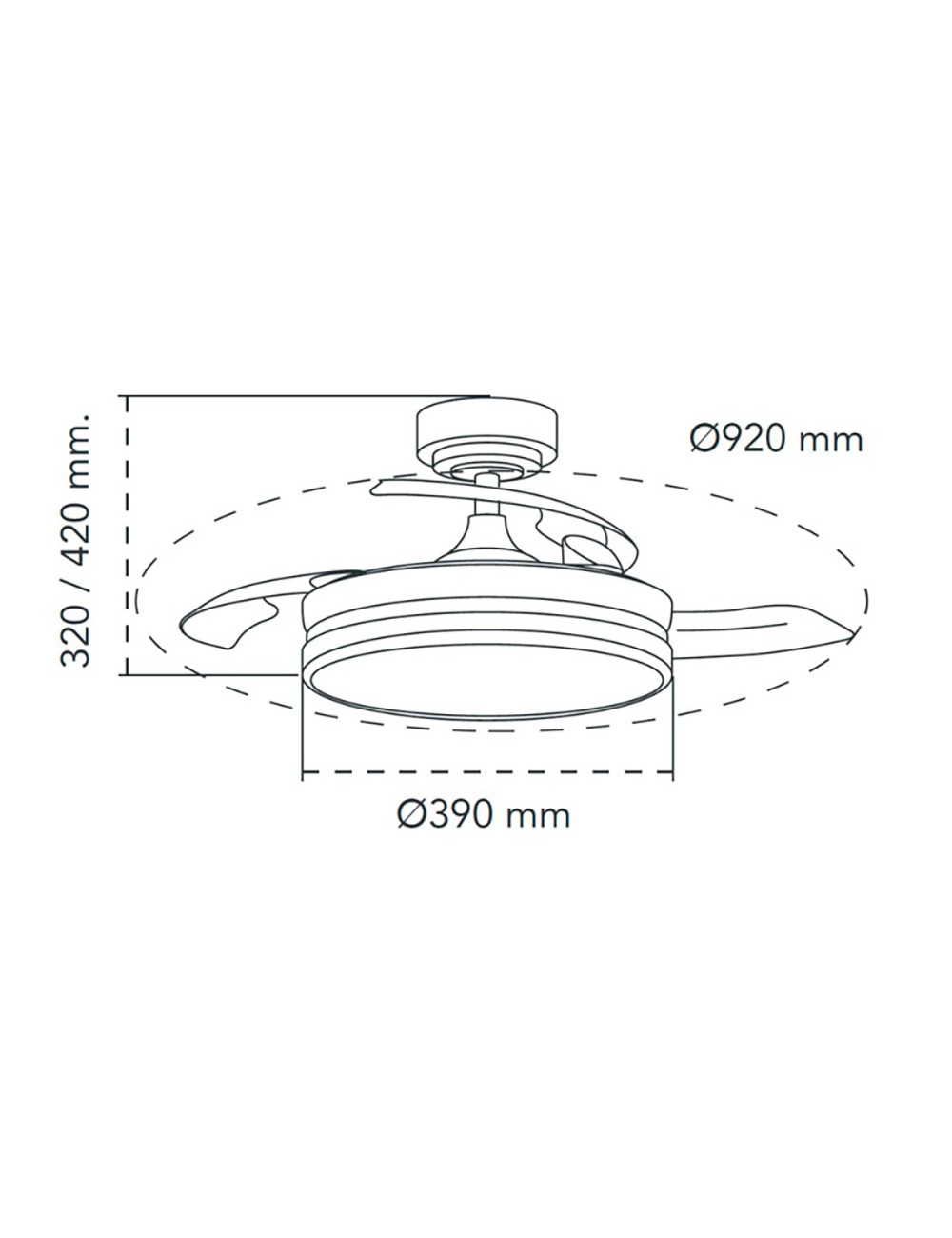 Ventilador de techo led 3cct aspas retráctiles moss mini 46 w 5520 lm negro, aspas ø92 cm, plafón ø39 cm, altura 32 - 42 cm