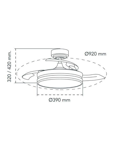 Ventilador de techo led 3cct aspas retráctiles moss mini 46 w 5520 lm negro, aspas ø92 cm, plafón ø39 cm, altura 32 - 42 cm