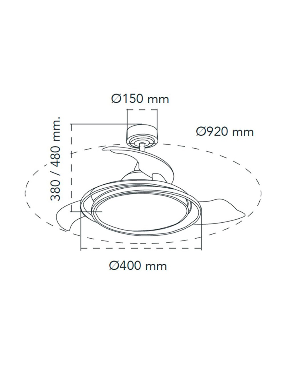 Ventilador de techo led 3cct aspas retráctiles antila mini 40 w 4000 lm plata, aspas ø92 cm, plafón ø40 cm, altura 38 - 48 c ...