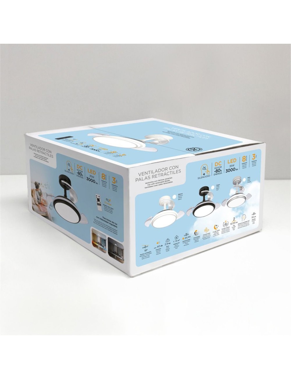 Ventilador de techo led 3cct aspas retráctiles antila mini xs 35 w 3000 lm plata, aspas ø55 cm, plafón ø32 cm, altura 38 - 4 ...