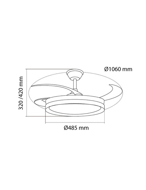 Ventilador de techo led 3cct aspas retráctiles evo smart 72 w 7920 lm blanco, aspas ø106 cm, plafón ø48,5 cm, altura 32 - 42 ...