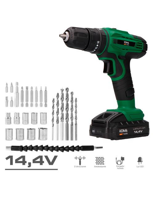Kit taladro percutor/atornillador 14,4 v con batería, cargador y 28 accesorios