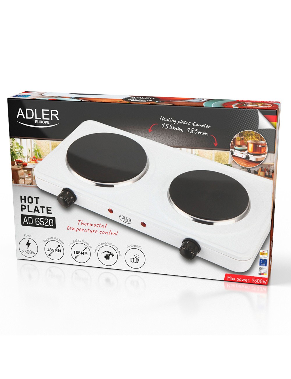 Cocina eléctrica dos quemadores 2500 w blanca, 46 x 26,5 x 7 cm