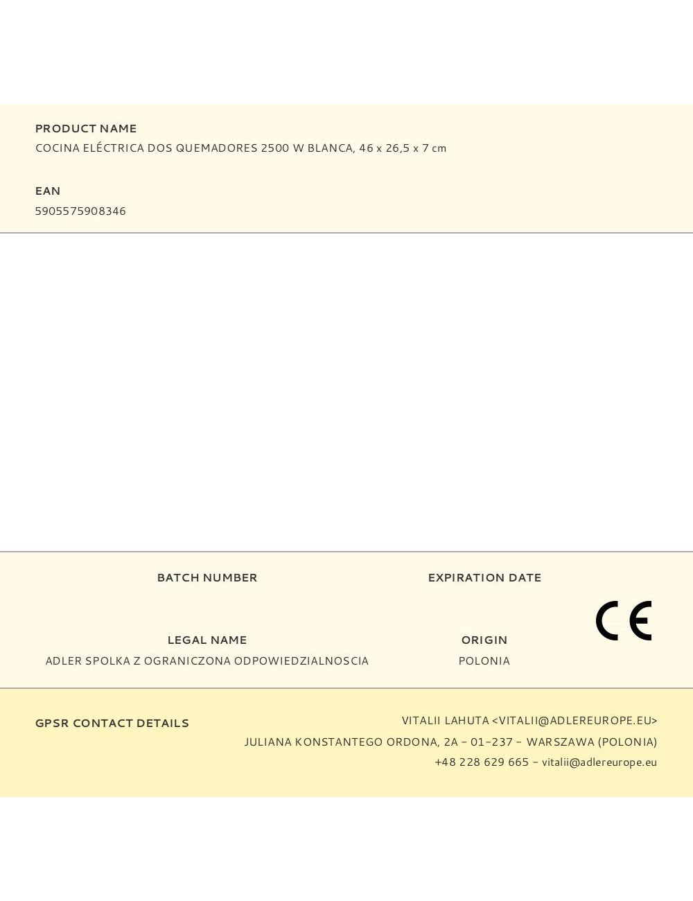 Cocina eléctrica dos quemadores 2500 w blanca, 46 x 26,5 x 7 cm