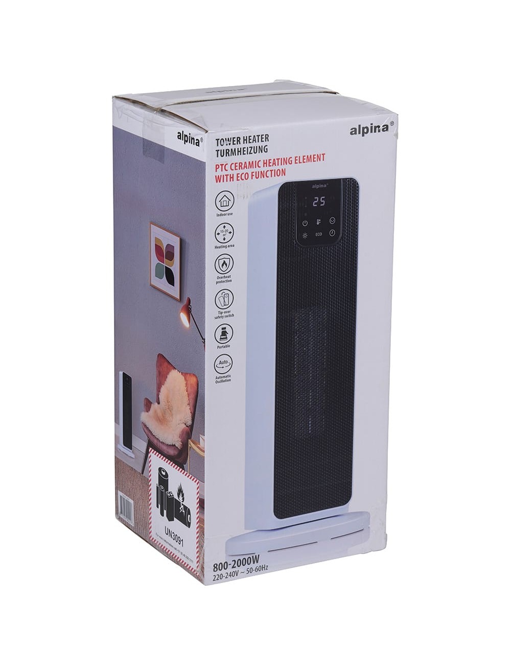 Calefactor de torre 800/2000 w, blanco, 21 x 21 x 46 cm