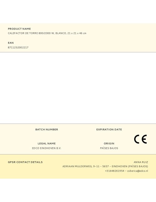 Calefactor de torre 800/2000 w, blanco, 21 x 21 x 46 cm