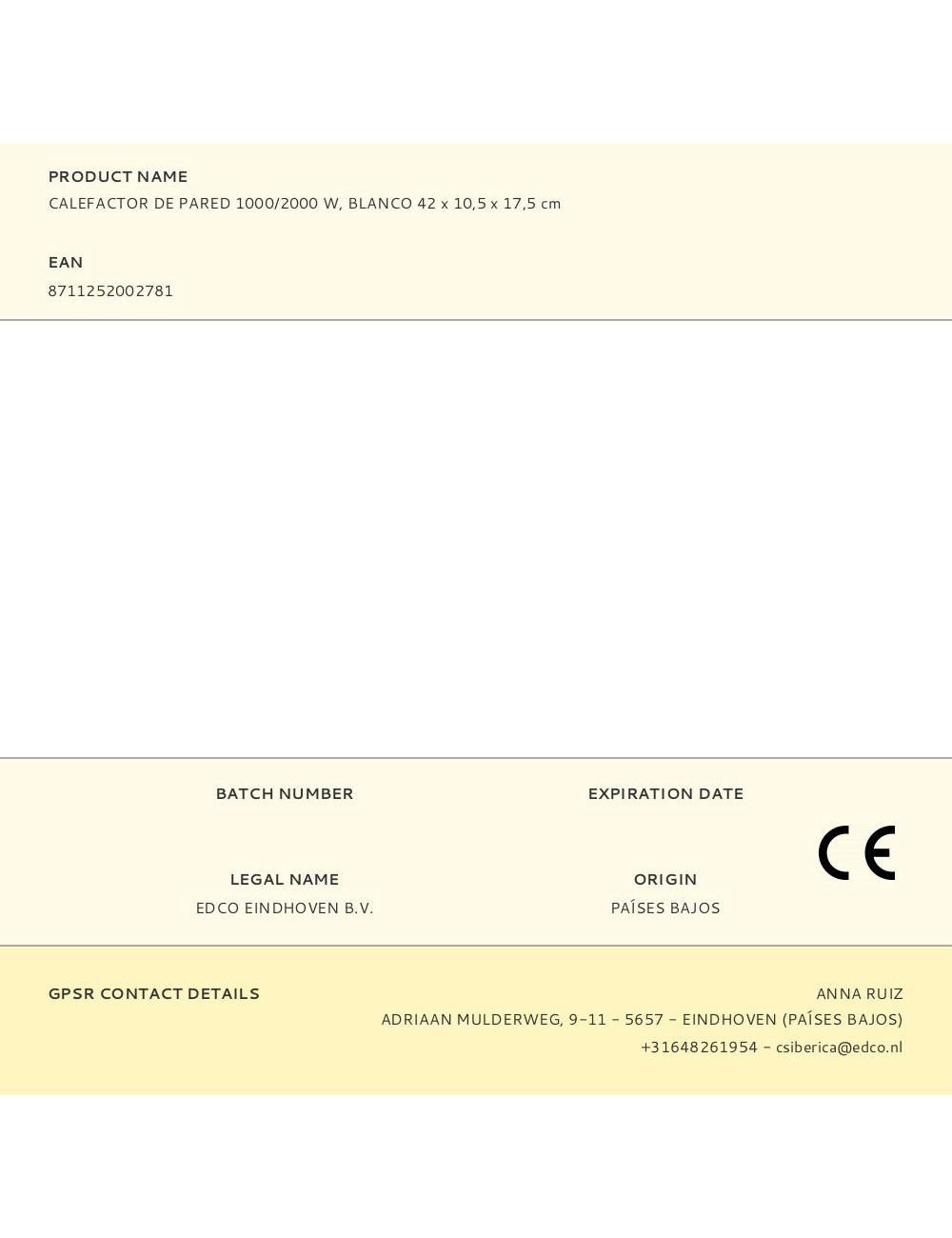 Calefactor de pared 1000/2000 w, blanco 42 x 10,5 x 17,5 cm