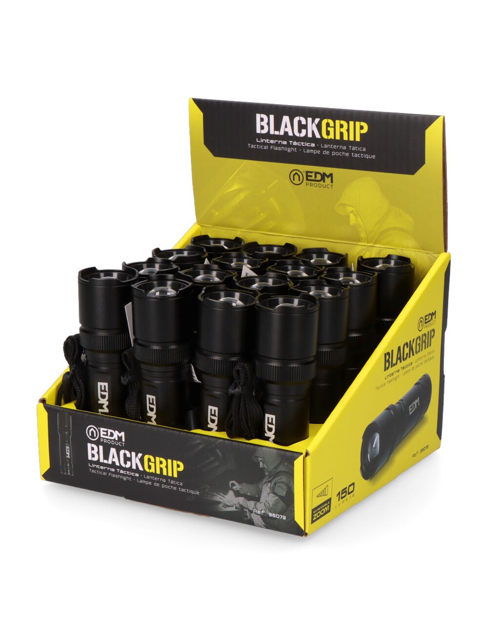 Linterna led táctica black grip 150 lm con zoom, 3 x aaa (incluidas), aluminio