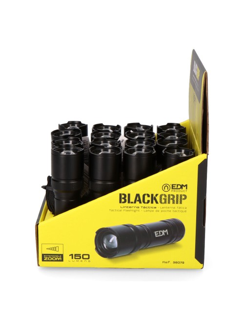 Linterna led táctica black grip 150 lm con zoom, 3 x aaa (incluidas), aluminio