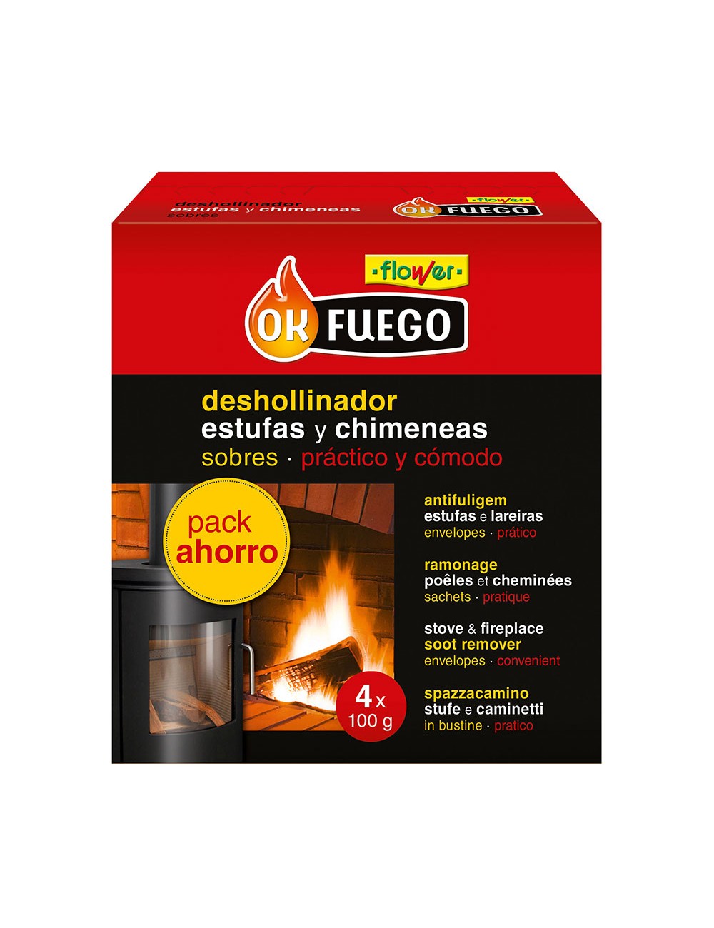 Okfuego deshollinador en sobres para estufas y chimeneas 4 uds x 100 g