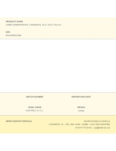 Carro herramientas, 3 bandejas (herramienta no incluida), 75,5 x 35,5 x 70,5 cm