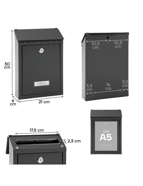 Buzón individual exterior, pequeño, civic, acero, negro, 21,6 x 8 x 30 cm