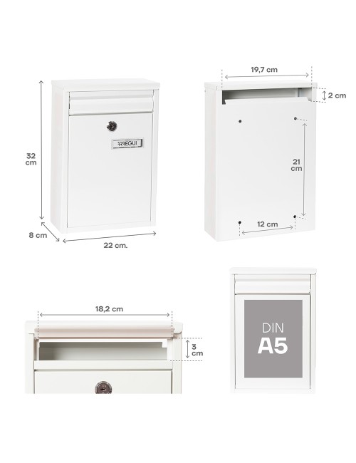 Buzón individual exterior, pequeño, zaguán, acero, blanco, 22 x 8 x 32 cm